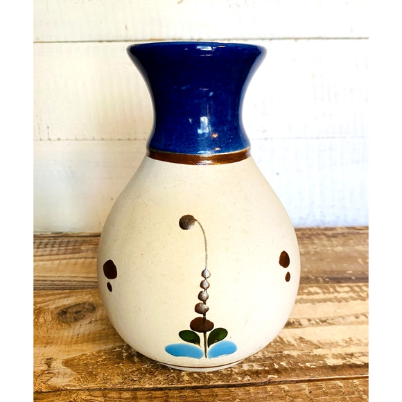 Vintage Hand Painted Stoneware Tonala Mexican Folk Pottery Vase Bird Cattails - Picture 5 of 9